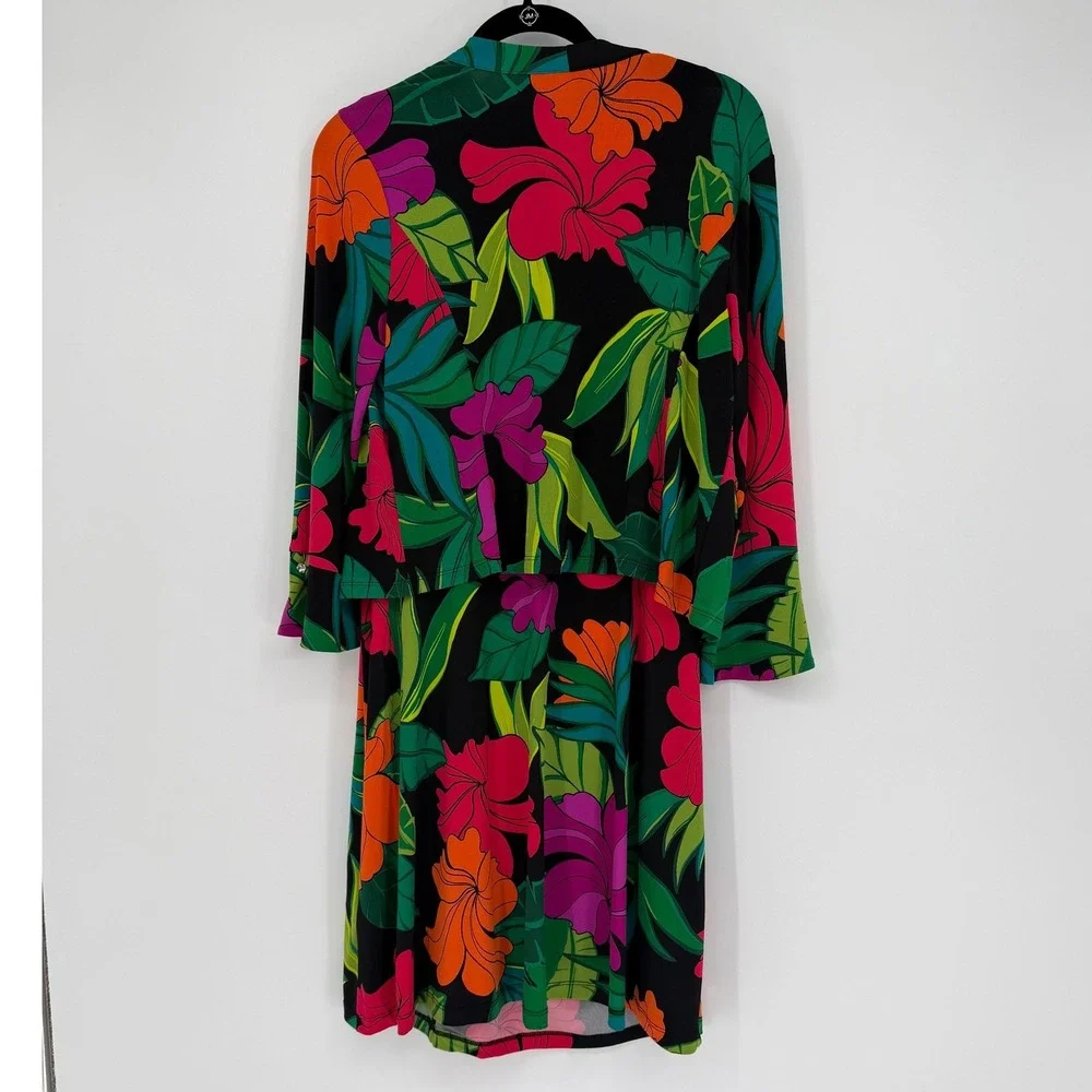Susan Graver Liquid Knit Tropical Floral Dress and Cardigan Set Black Multi M